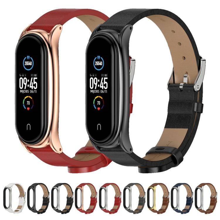For Xiaomi Mi Band 6 / 5 / 4 / 3 Mijobs Metal Case Crazy Horse Texture PU Microfiber Plus Watch Band(Brown Silver) - Watch Bands by MIJOBS | Online Shopping South Africa | PMC TechLife | Buy Now Pay Later Mobicred