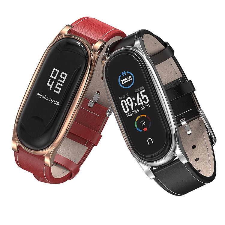 For Xiaomi Mi Band 6 / 5 / 4 / 3 Mijobs First Layer Cowhide Plus Watch Band(Red Silver) - Watch Bands by MIJOBS