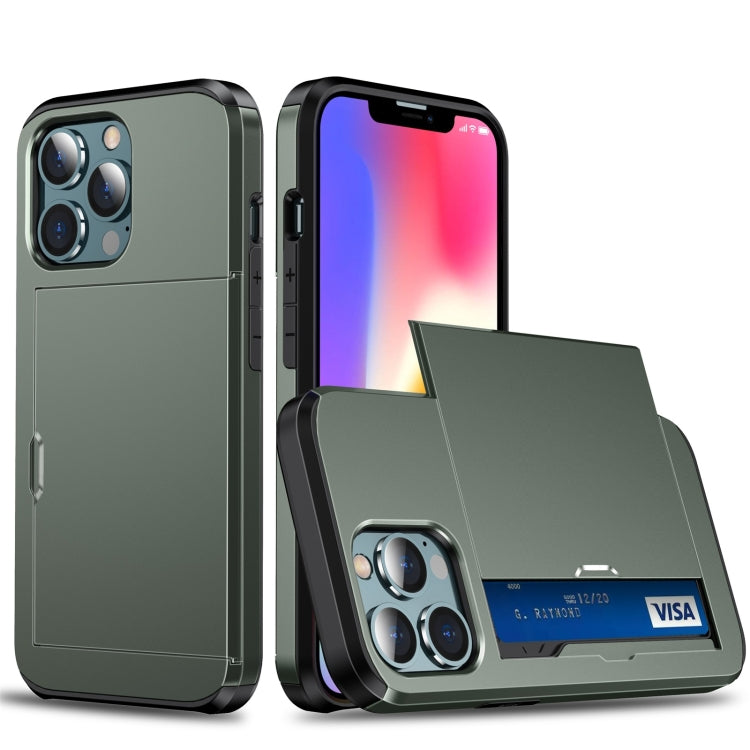 For iPhone 13 Pro Max Shockproof Armor Protective Case with Slide Card Slot (Army Green)