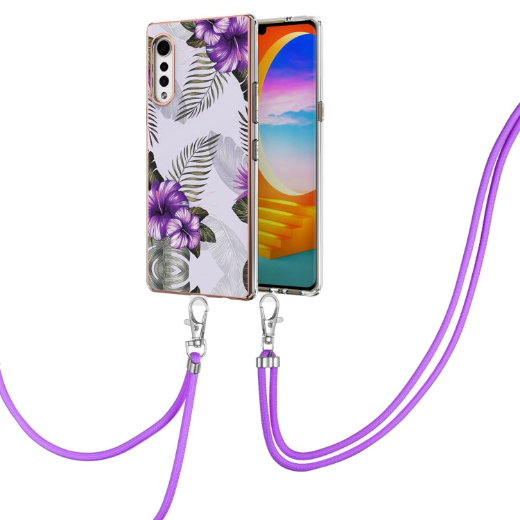 For LG Velvet 4G / Velvet 5G / G9 Electroplating Pattern IMD TPU Shockproof Case with Neck Lanyard(Purple Flower)