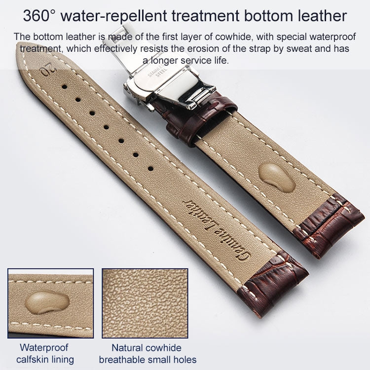 20mm Classic Cowhide Leather Gold Butterfly Buckle Watch Band(Brown) - free shipping - PMC Jewellery - Order now!