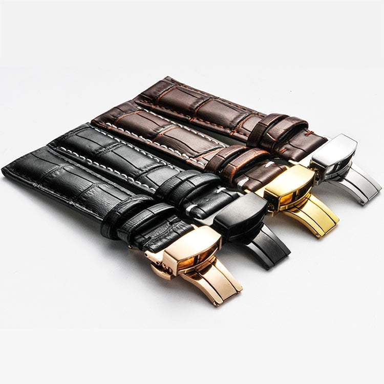 22mm Classic Cowhide Leather Gold Butterfly Buckle Watch Band(Black White Lines)