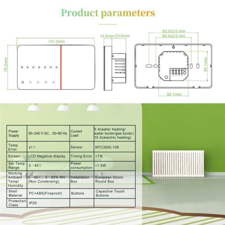 BHT-005-GCLW 220V AC 3A Smart Home Heating Thermostat for EU Box, Control Boiler Heating with Only Internal Sensor & WIFI Connection