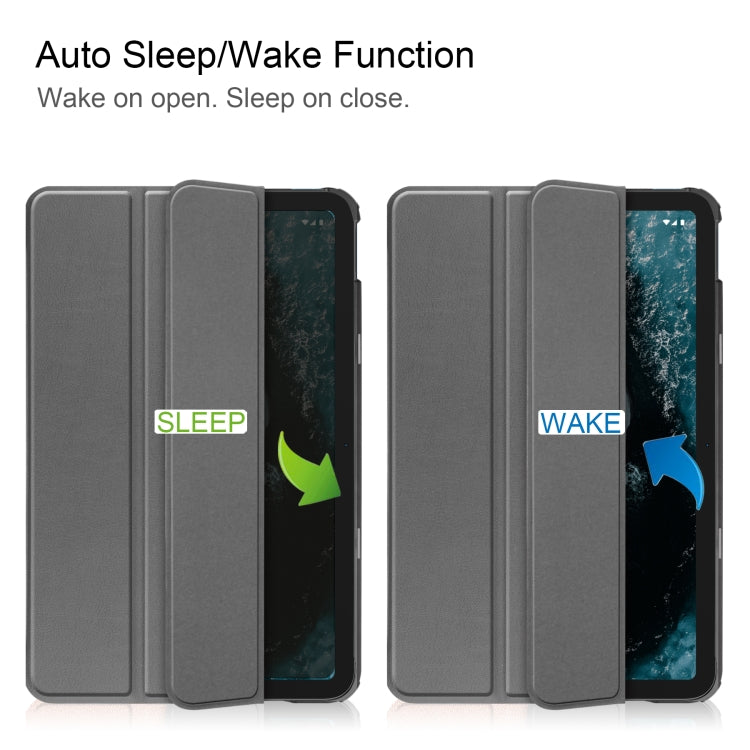 For Nokia T20 Three-folding Holder Custer Texture Leather Tablet Case(Grey) - Nokia by PMC TechLife | Online Shopping South Africa | PMC TechLife | Buy Now Pay Later Mobicred