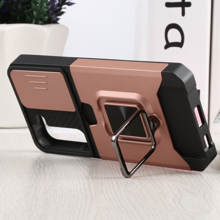 For Samsung Galaxy S22 5G Sliding Camera Cover Design PC + TPU Shockproof Phone Case with Ring Holder & Card Slot(Rose Gold)