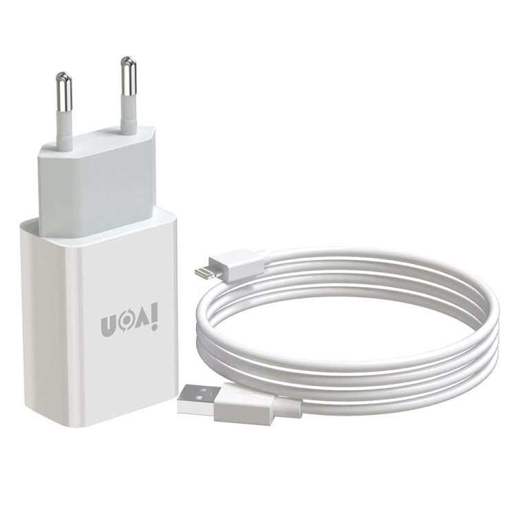 IVON AD-33 2 in 1 2.1A Single USB Port Travel Charger + 1m USB to 8 Pin Data Cable Set, EU Plug(White) - USB Charger by IVON | Online Shopping South Africa | PMC Jewellery | Buy Now Pay Later Mobicred