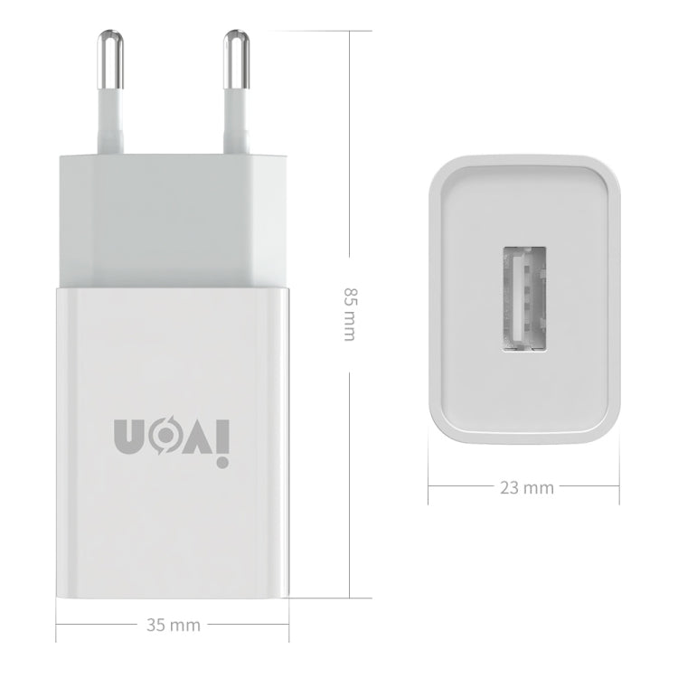 IVON AD-33 2 in 1 2.1A Single USB Port Travel Charger + 1m USB to 8 Pin Data Cable Set, EU Plug(White) - USB Charger by IVON | Online Shopping South Africa | PMC Jewellery | Buy Now Pay Later Mobicred