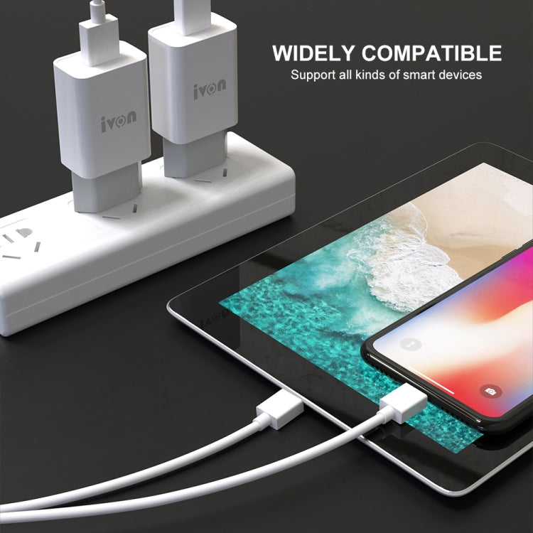 IVON AD-33 2 in 1 2.1A Single USB Port Travel Charger + 1m USB to 8 Pin Data Cable Set, EU Plug(White) - USB Charger by IVON | Online Shopping South Africa | PMC Jewellery | Buy Now Pay Later Mobicred