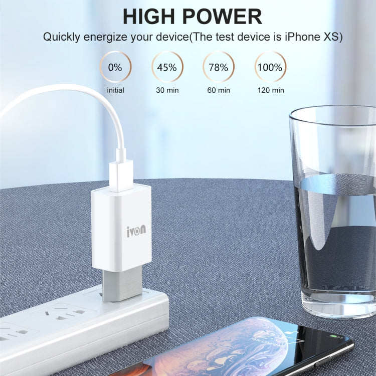 IVON AD-33 2 in 1 2.1A Single USB Port Travel Charger + 1m USB to 8 Pin Data Cable Set, EU Plug(White) - USB Charger by IVON | Online Shopping South Africa | PMC Jewellery | Buy Now Pay Later Mobicred