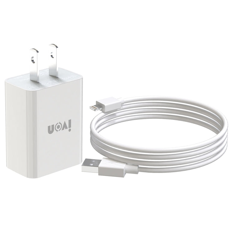 IVON AD-33 2 in 1 2.1A Single USB Port Travel Charger + 1m USB to 8 Pin Data Cable Set, US Plug(White) - USB Charger by IVON | Online Shopping South Africa | PMC Jewellery | Buy Now Pay Later Mobicred