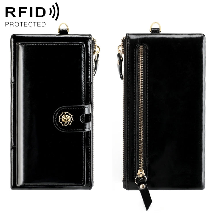 3506 RFID Anti-Degaussing Oil Wax Vintage Texture Genuine Leather Hand Held Wallet for Ladies(Black)