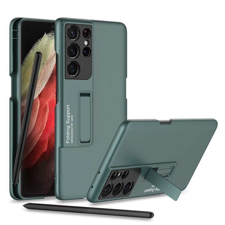 For Samsung Galaxy S21 Ultra 5G GKK Ultra-thin Shockproof Phone Case with Holder & Pen Slots & Stylus Pen(Forest Green)