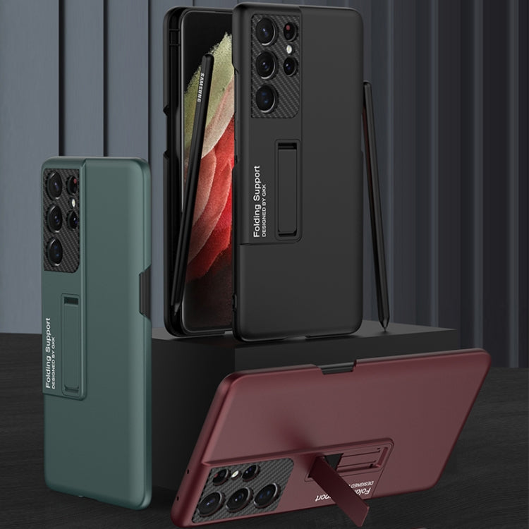 For Samsung Galaxy S21 Ultra 5G GKK Ultra-thin Shockproof Phone Case with Holder & Pen Slots & Stylus Pen(Forest Green)