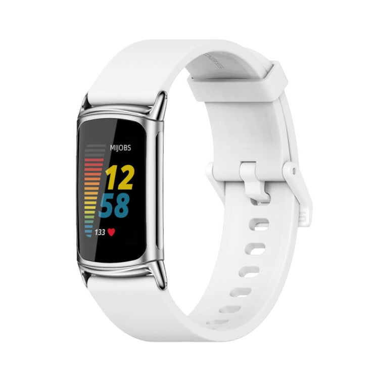 For Fitbit Charge 5 / Charge 6 Mijobs Soft Silicone Watch Band(White+Silver) - Watch Bands by MIJOBS