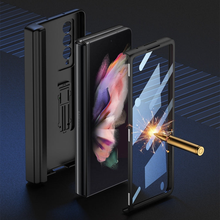 For Samsung Galaxy Z Fold3 5G GKK Magnetic Hinge Plain Leather Phone Flip Case with Pen Box(Dark Night Green)