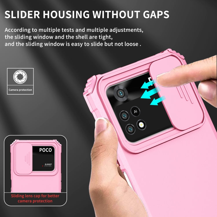 For Xiaomi Poco M4 Pro 4G Stereoscopic Holder Sliding Camshield Phone Case(Pink)