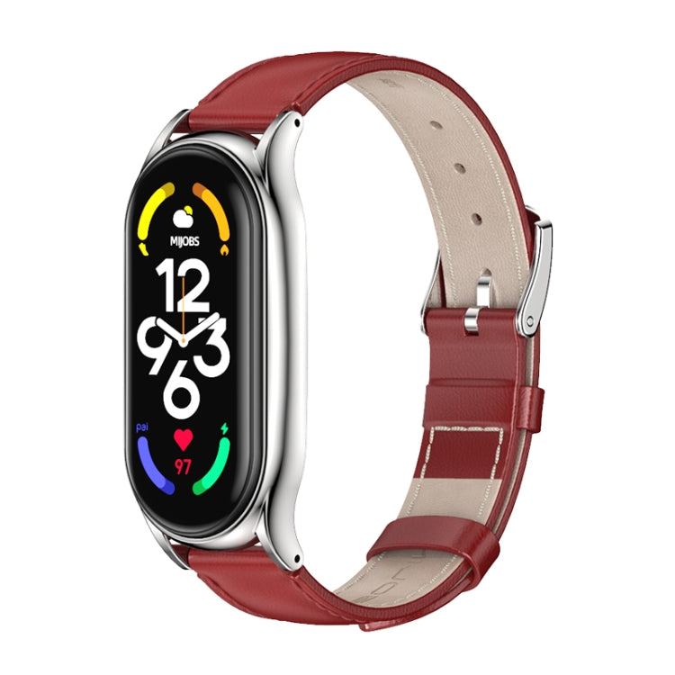 For Xiaomi Mi Band 7 / 7 NFC MIJOBS Plus Genuine Leather Watch Band(Red Silver) - Watch Bands by MIJOBS