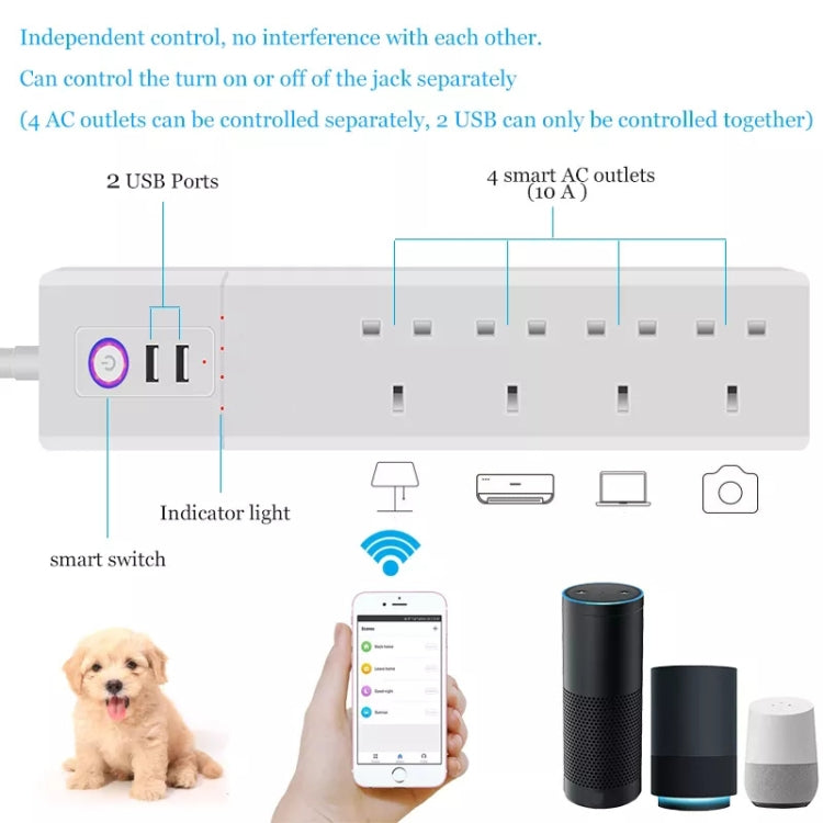 WiFi 16A SM-SO306-K 4 Holes + 2 USB Multi-purpose Smart Power Strip, UK Plug