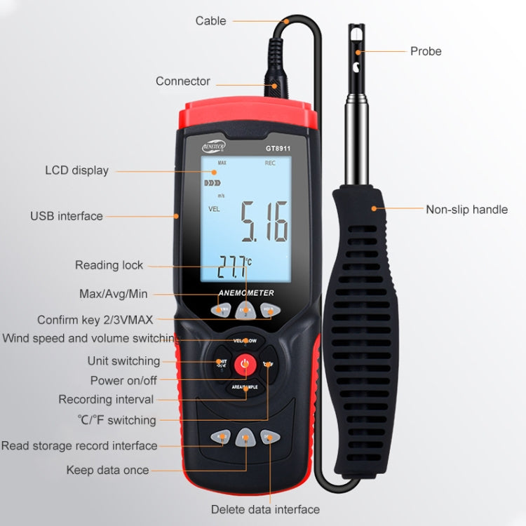 BENETECH GT8911 Handheld Digital LCD Hot Wire Anemometer