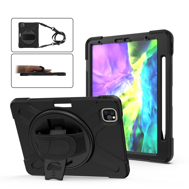 360 Degree Rotation Silicone Protective Cover with Holder & Hand Strap & Long Strap & Pencil Slot For iPad Air 2025 / 10.9 / Pro 11 2021 / 2020 / 2018(Black)