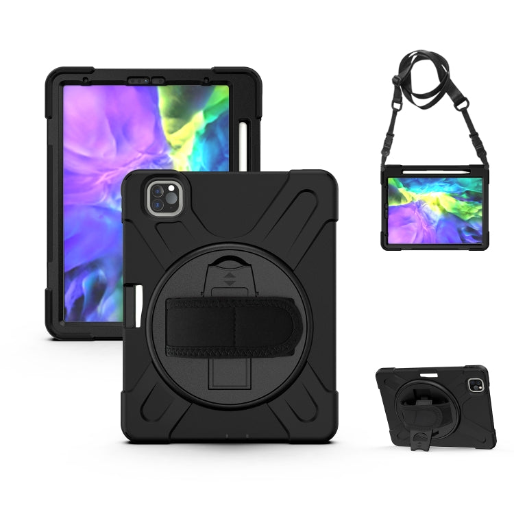 360 Degree Rotation Silicone Protective Cover with Holder & Hand Strap & Long Strap & Pencil Slot For iPad Air 2025 / 10.9 / Pro 11 2021 / 2020 / 2018(Black)