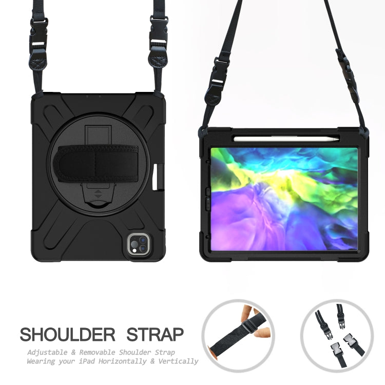 360 Degree Rotation Silicone Protective Cover with Holder & Hand Strap & Long Strap & Pencil Slot For iPad Air 2025 / 10.9 / Pro 11 2021 / 2020 / 2018(Black)