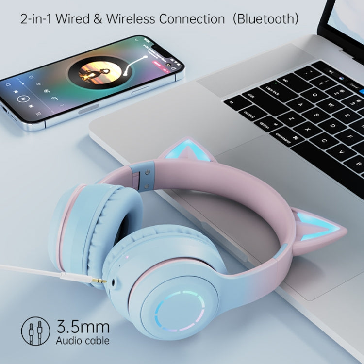BT029C RGB Dual Modes Cat Ear Wireless Bluetooth Headphone(Blue)