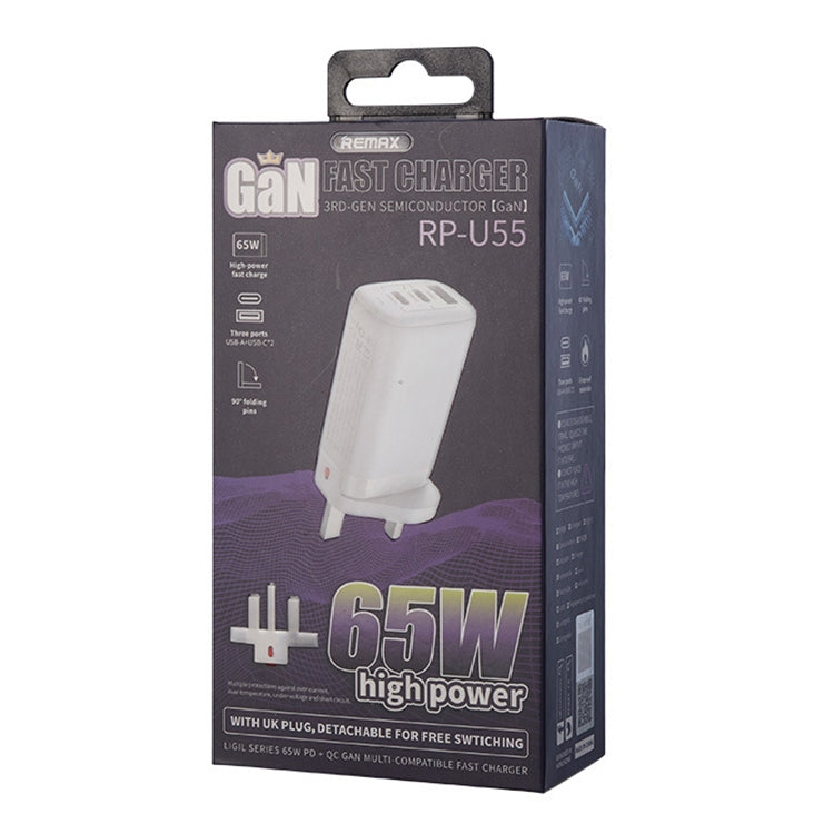 REMAX RP-U55 Territory Series 65W USB+Dual USB-C / Type-C Interface Fast Charger, Specification:UK Plug(White) - free shipping - PMC TechLife - Order now!
