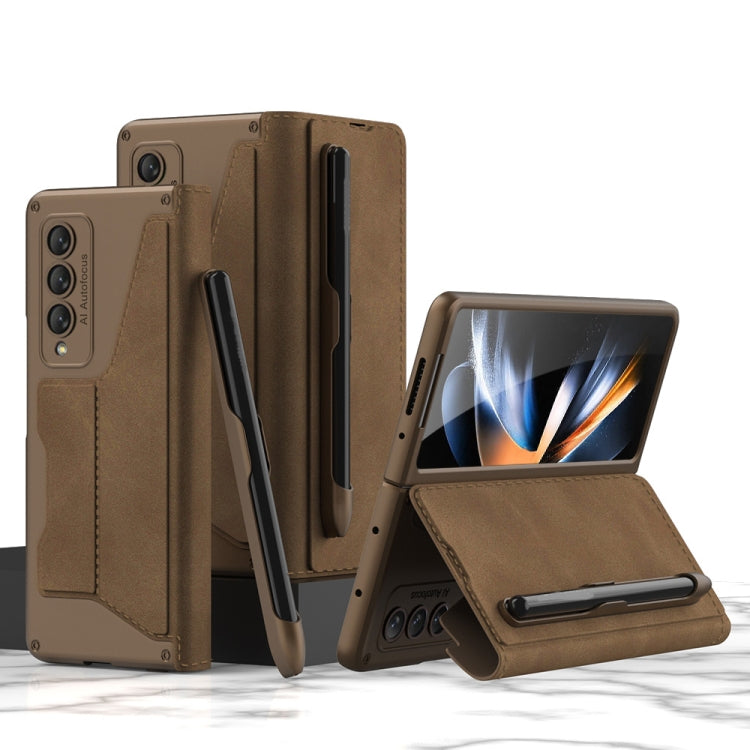 For Samsung Galaxy Z Fold4 GKK Armor Flip Leather Phone Case with Pen Slots(Brown)