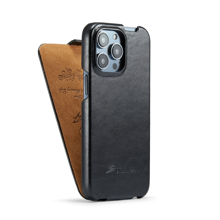 For iPhone 14 Pro Max Fierre Shann Oil Wax Texture Vertical Flip PU Phone Case (Black)