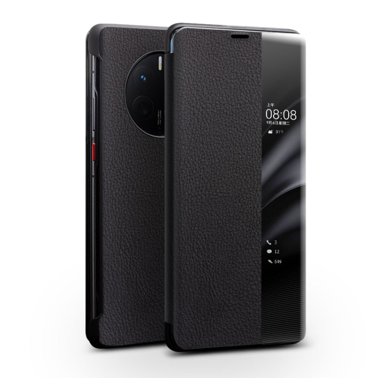 For Huawei Mate 50 Pro QIALINO Genuine Leather Side Window View Smart Phone Case(Black)