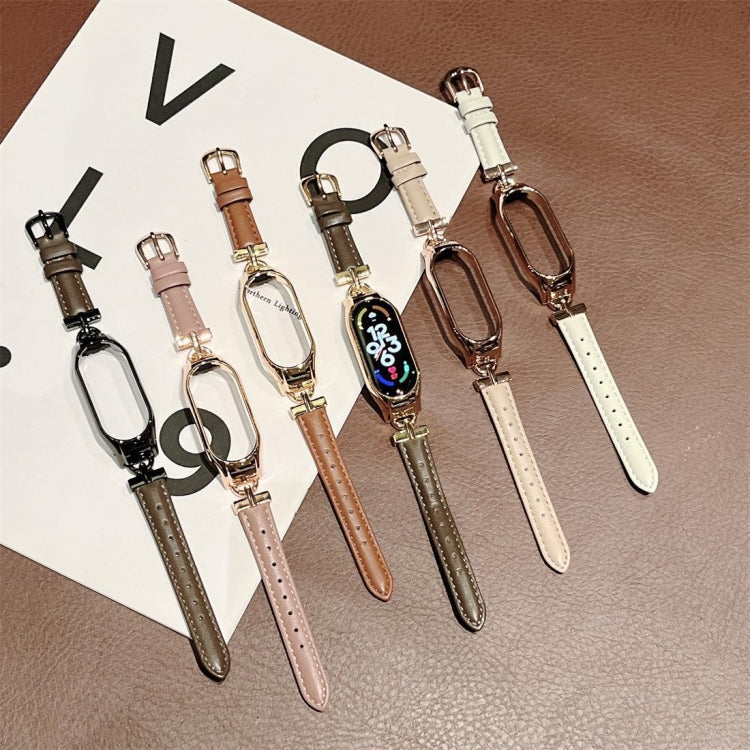 For Xiaomi Mi Band 5 / 6 D-shaped Steel + Genuine Leather Watch Band(Silver Beige) - free shipping - PMC TechLife - Order now!