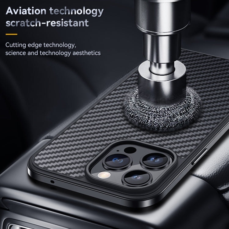 For iPhone 14 SULADA Carbon Fiber Textured Shockproof Metal + TPU Frame Case(Black)