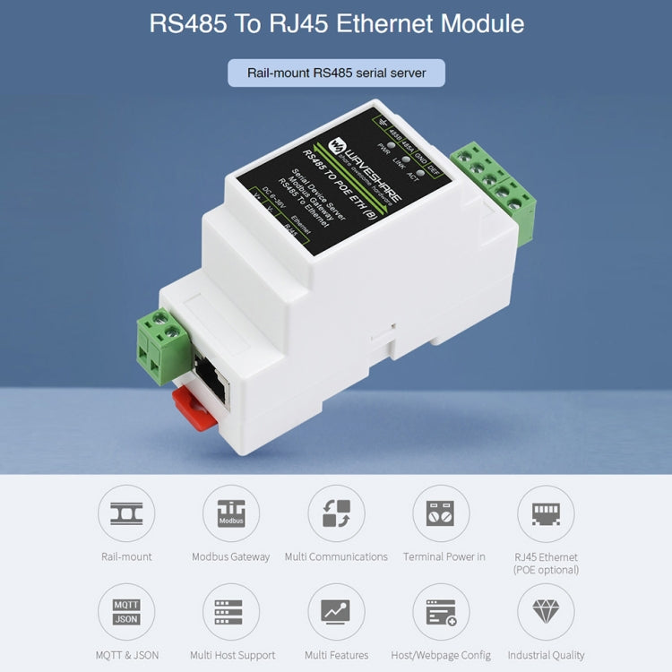 Waveshare Din Rail RS485 to RJ45 Serial Server with POE Function - free shipping - PMC Jewellery - Order now!