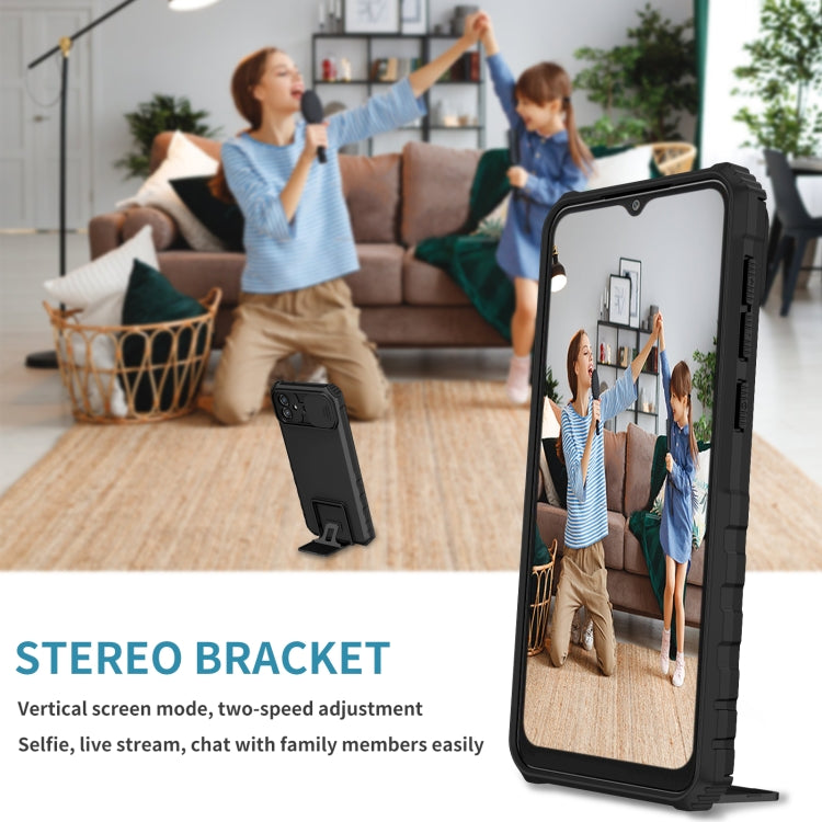 For Samsung Galaxy A04 4G Stereoscopic Holder Sliding Camshield Phone Case(Black) - free shipping - PMC TechLife - Order now!