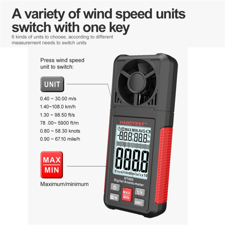 HABOTEST HT605 Portable Intelligent Digital Display Handheld Wind Speed Tester