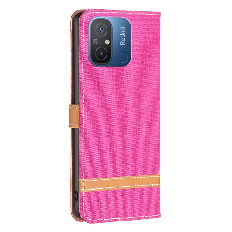 For Xiaomi Redmi 12C Color Block Denim Texture Leather Phone Case(Rose Red)