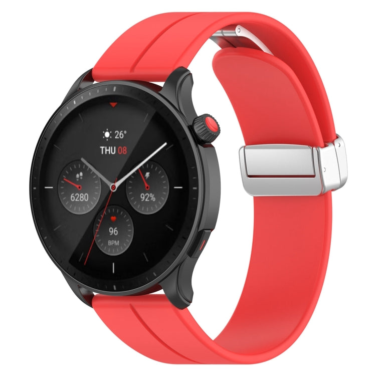 For Amazfit GTR 4 Magnetic Fold Clasp Silver Buckle Silicone Watch Band(Red)