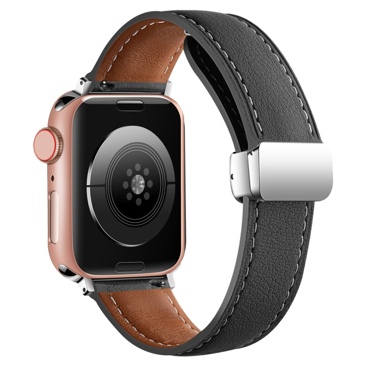 Folding Buckle Genuine Leather Watch Band For Apple Watch Ultra 49mm / Series 8&7 45mm / SE 2&6&SE&5&4 44mm / 3&2&1 42mm(Black)