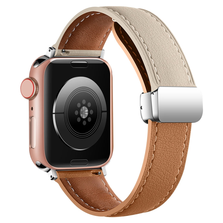 Folding Buckle Genuine Leather Watch Band For Apple Watch Ultra 49mm / Series 8&7 45mm / SE 2&6&SE&5&4 44mm / 3&2&1 42mm(White + Brown)