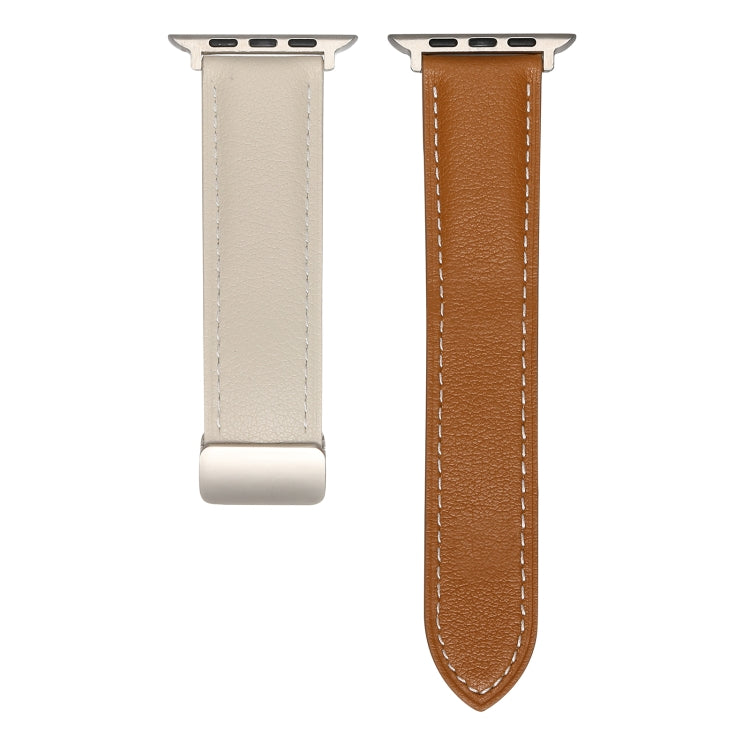 Folding Buckle Genuine Leather Watch Band For Apple Watch Ultra 49mm / Series 8&7 45mm / SE 2&6&SE&5&4 44mm / 3&2&1 42mm(White + Brown)