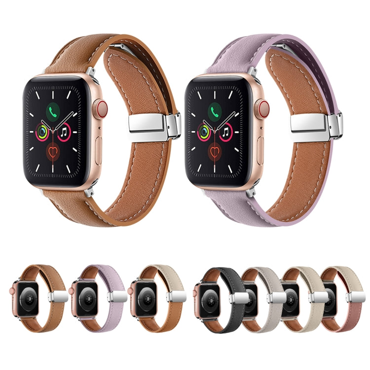 Folding Buckle Genuine Leather Watch Band For Apple Watch Series 8&7 41mm / SE 2&6&SE&5&4 40mm / 3&2&1 38mm(Purple)