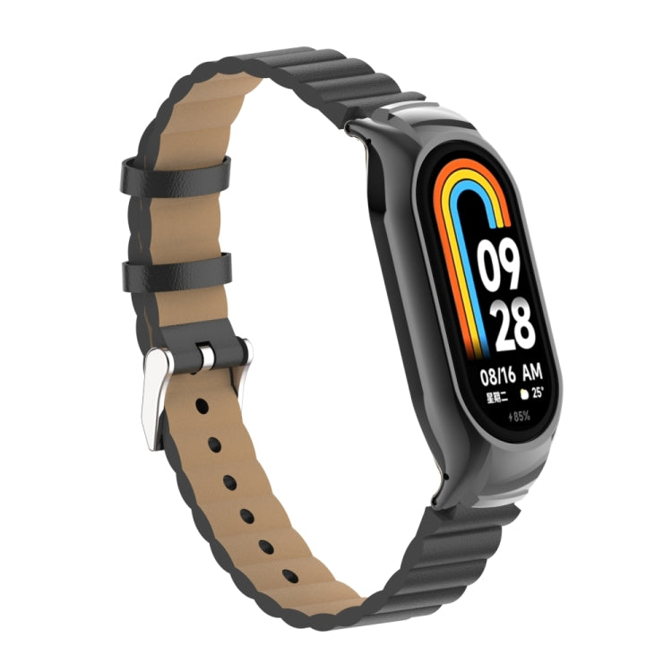 For Xiaomi Mi Band 8 Integrated Metal Case + Bamboo Leather Watch Band(Black)