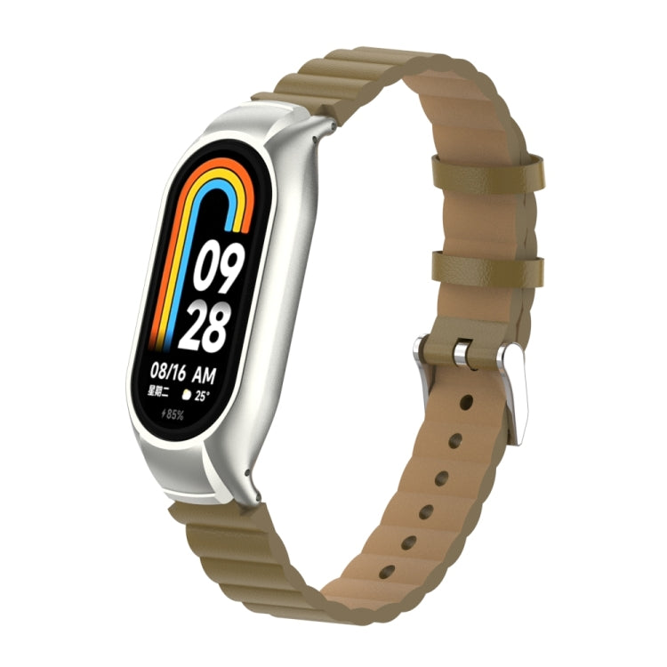 For Xiaomi Mi Band 8 Integrated Metal Case + Bamboo Leather Watch Band(Saddle)