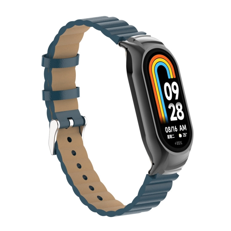 For Xiaomi Mi Band 8 Integrated Metal Case + Bamboo Leather Watch Band(Navy Blue)