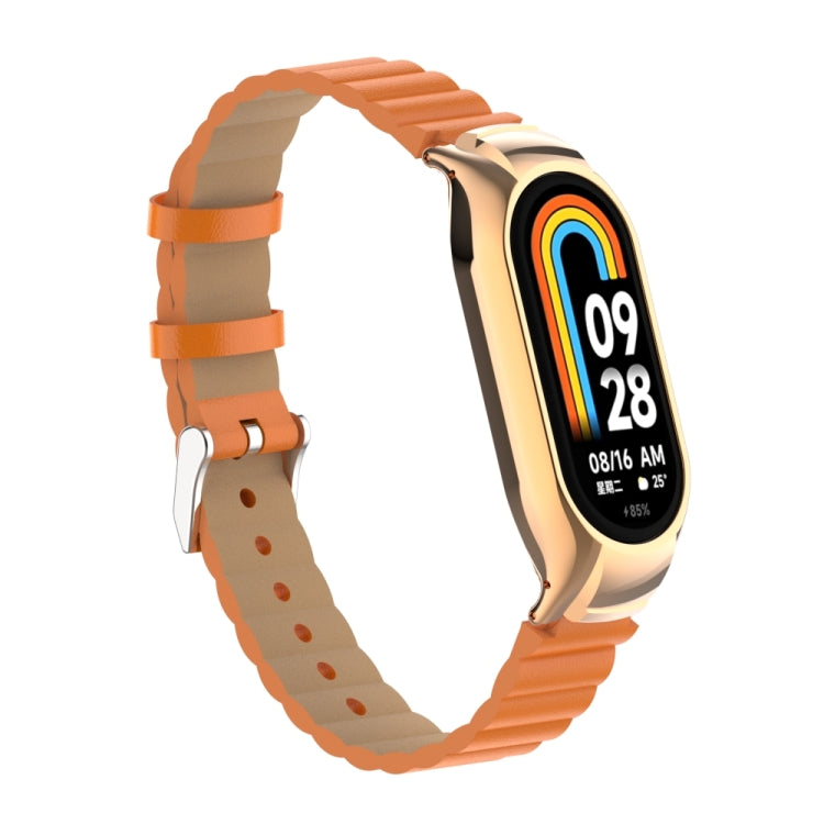 For Xiaomi Mi Band 8 Integrated Metal Case + Bamboo Leather Watch Band(Orange)