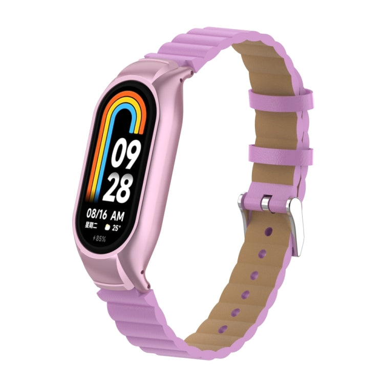 For Xiaomi Mi Band 8 Integrated Metal Case + Bamboo Leather Watch Band(Rose Pink)