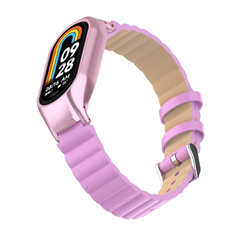 For Xiaomi Mi Band 8 Integrated Metal Case + Bamboo Leather Watch Band(Rose Pink)