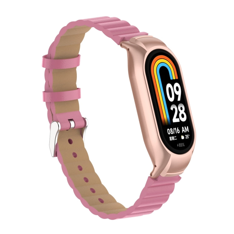 For Xiaomi Mi Band 8 Integrated Metal Case + Bamboo Leather Watch Band(Rose Red)