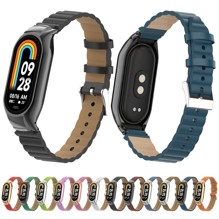 For Xiaomi Mi Band 8 Integrated Metal Case + Bamboo Leather Watch Band(Rose Pink) - Smart Wear by PMC TechLife | Online Shopping South Africa | PMC TechLife